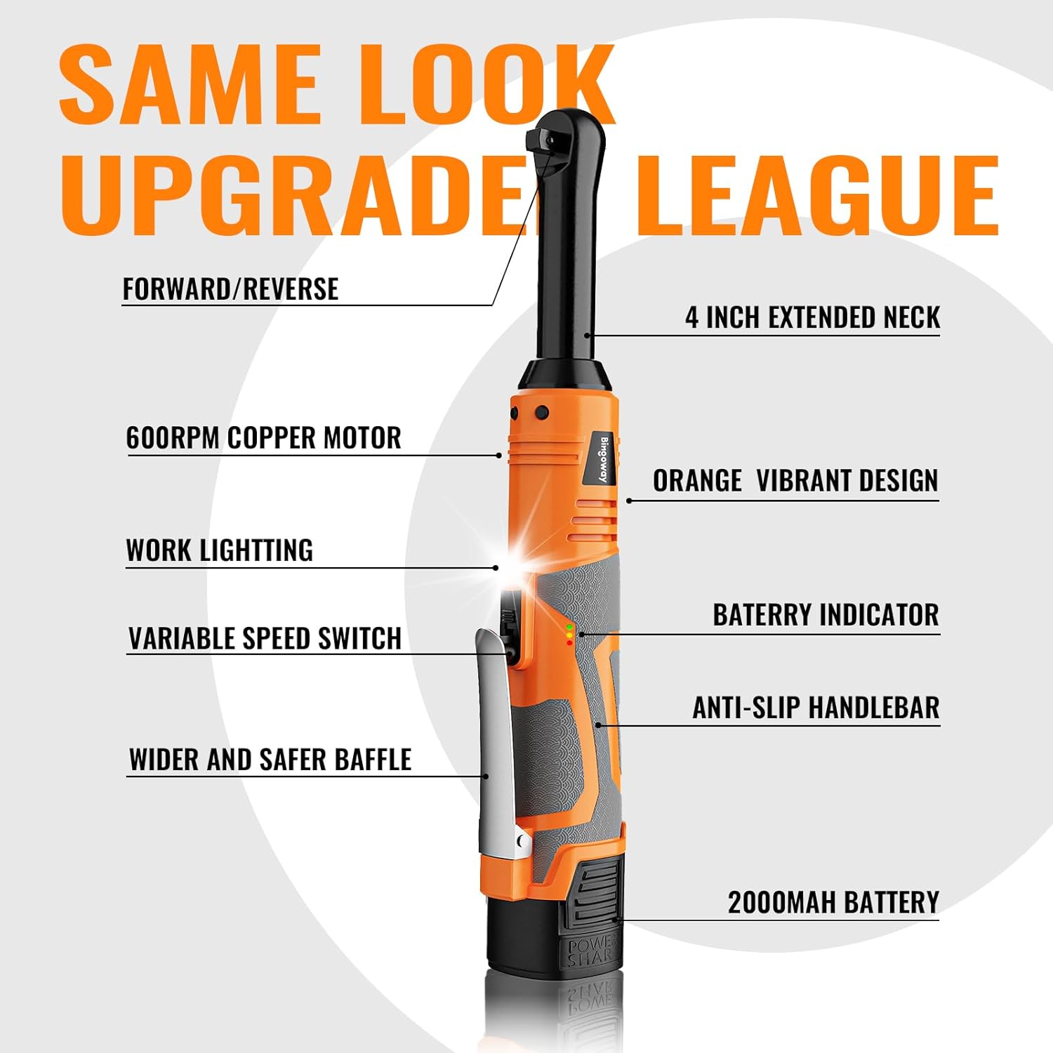 3/8" Extended Electric Ratchet Wrench Set, 600 RPM 18V CordlessLong Neck Power Ratchet Wrench Kit with Variable Speed Trigger 2Packs 2.0Ah Lithium-on Batteries、 LED Light and 9 Sockets