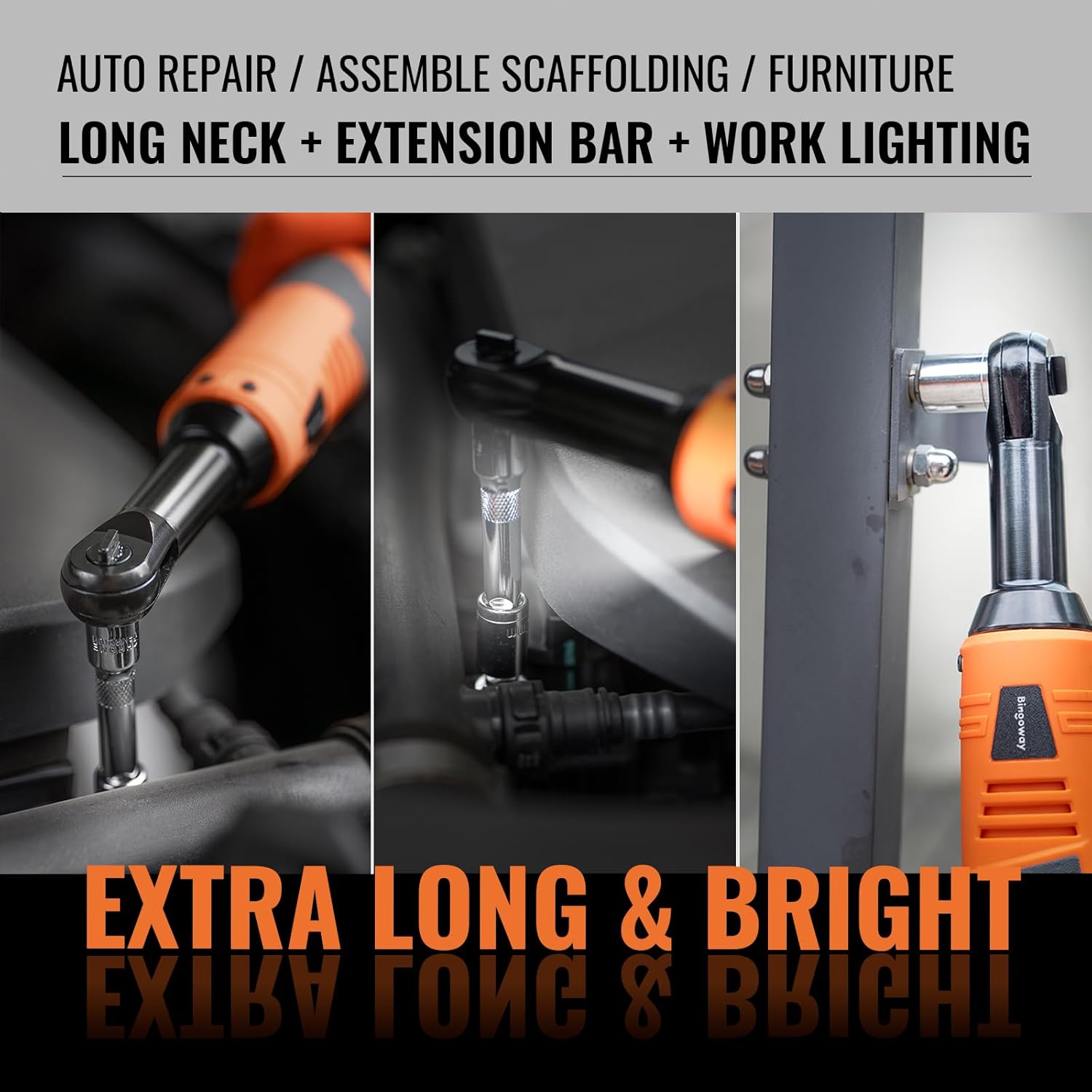 3/8" Extended Electric Ratchet Wrench Set, 600 RPM 18V CordlessLong Neck Power Ratchet Wrench Kit with Variable Speed Trigger 2Packs 2.0Ah Lithium-on Batteries、 LED Light and 9 Sockets
