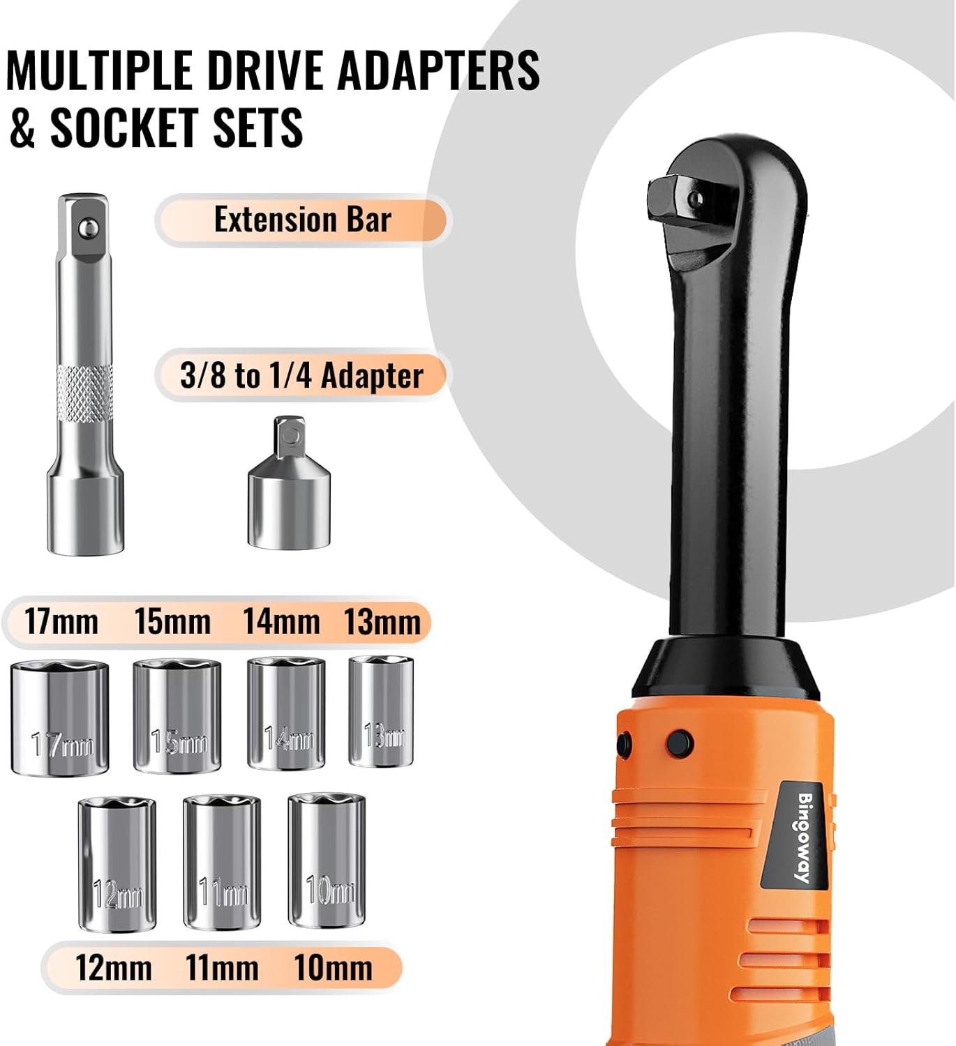 3/8" Extended Electric Ratchet Wrench Set, 600 RPM 18V CordlessLong Neck Power Ratchet Wrench Kit with Variable Speed Trigger 2Packs 2.0Ah Lithium-on Batteries、 LED Light and 9 Sockets