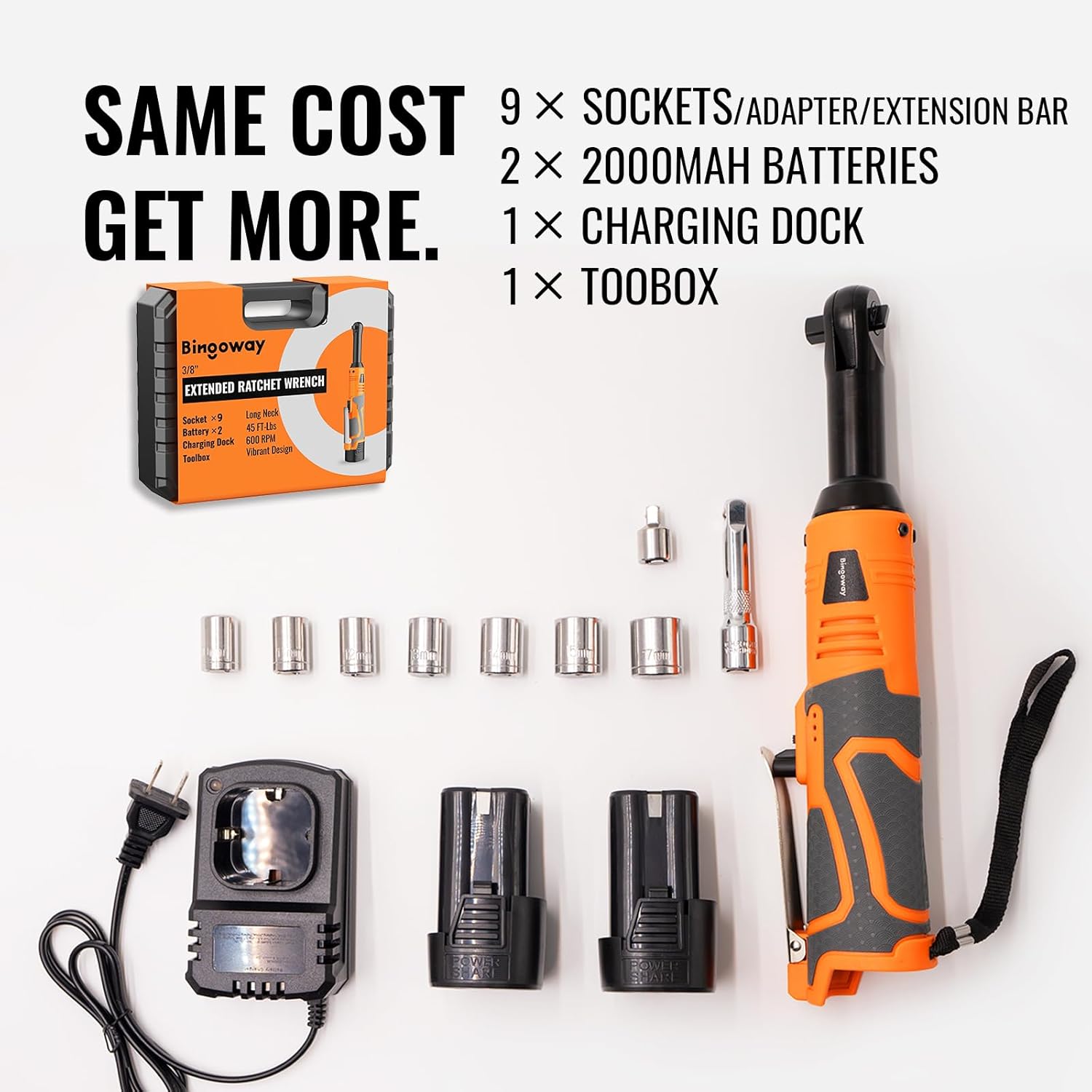 3/8" Extended Electric Ratchet Wrench Set, 600 RPM 18V CordlessLong Neck Power Ratchet Wrench Kit with Variable Speed Trigger 2Packs 2.0Ah Lithium-on Batteries、 LED Light and 9 Sockets