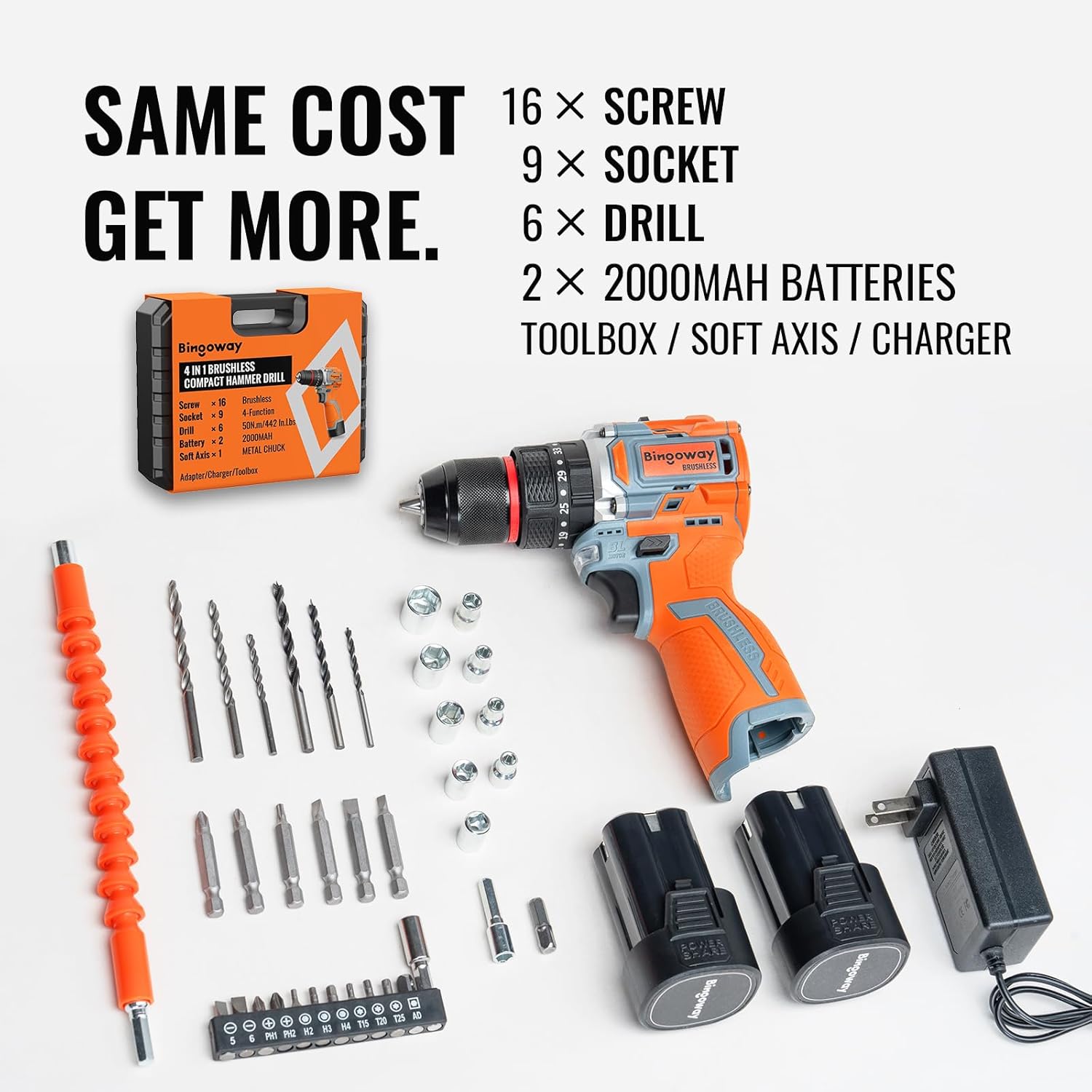 20V Brushless Cordless Drill Driver with 2 Batteries, 50N.m High Torque Impact Driver, 2 Speed, 3/8" Keyless Chuck & LED Light and 36 pcs Bits Drill Driver Kit for Home DIY