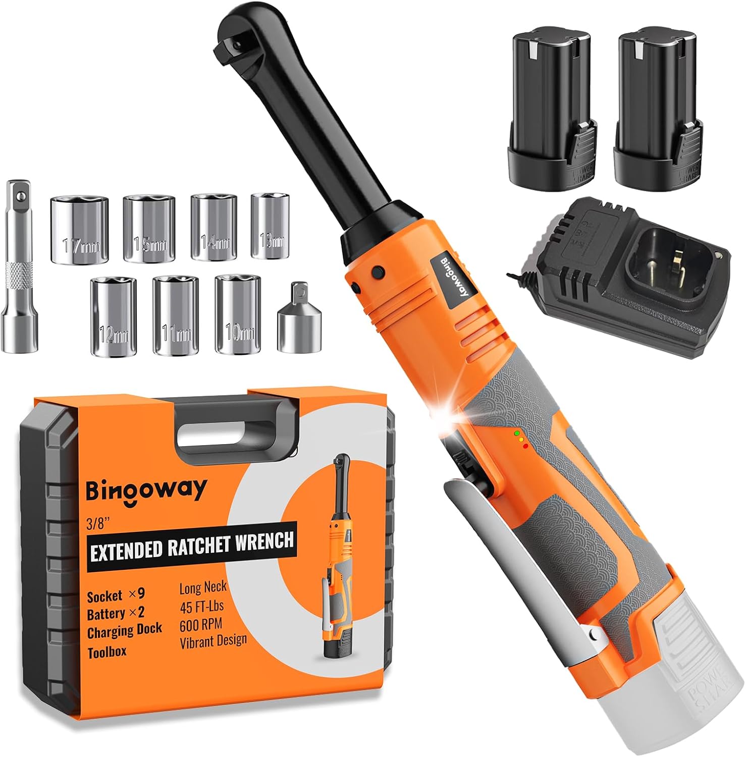 3/8" Extended Electric Ratchet Wrench Set, 600 RPM 18V CordlessLong Neck Power Ratchet Wrench Kit with Variable Speed Trigger 2Packs 2.0Ah Lithium-on Batteries、 LED Light and 9 Sockets