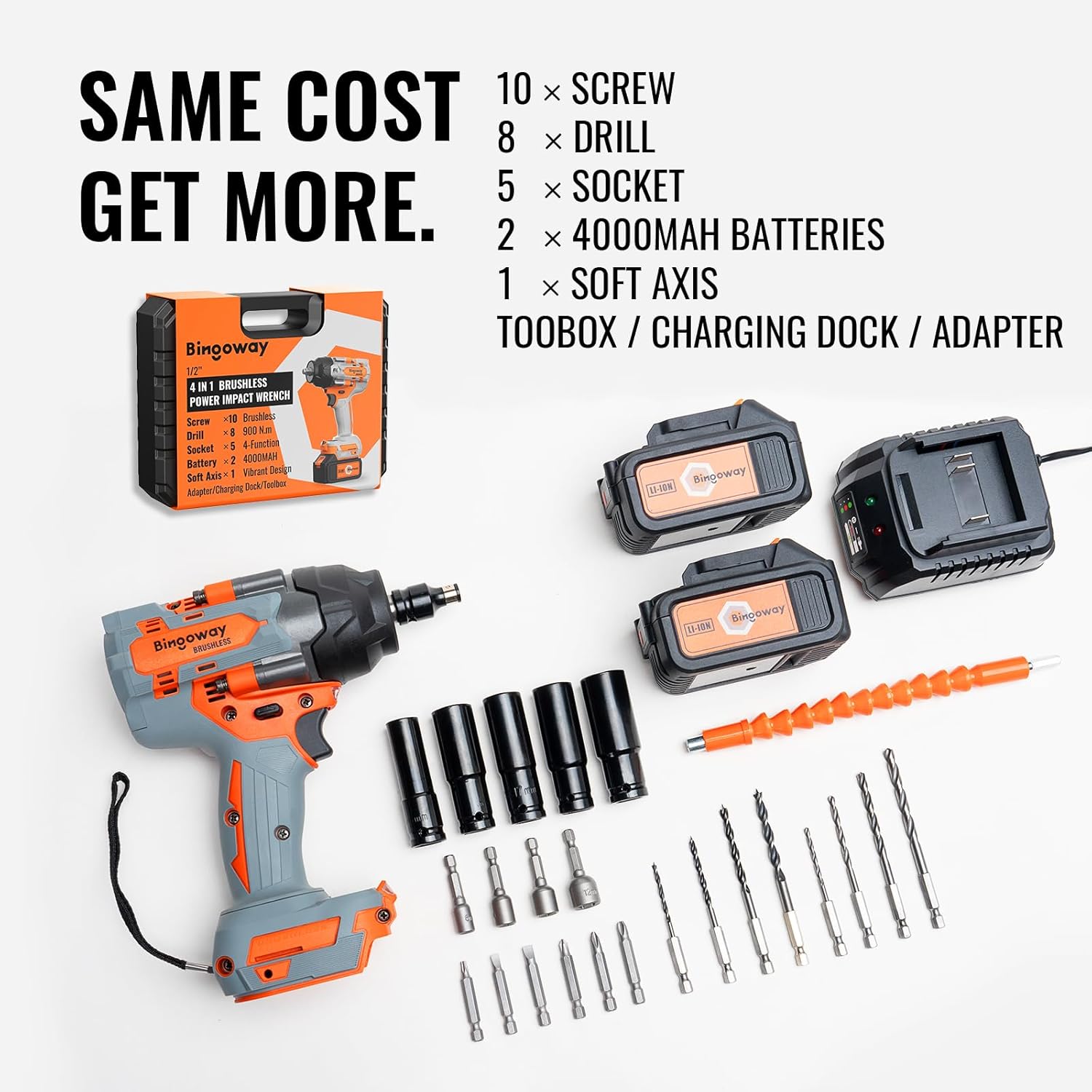 Cordless Impact Wrench 1/2”, 900Ft-Ibs (1200N.m) Electric Brushless Impact Gun, 21V High Torque Impact Driver Variable Speeds with LED Work Light, 2x 4.0Ah Battery, 25 Tool Accessories for Any Tas