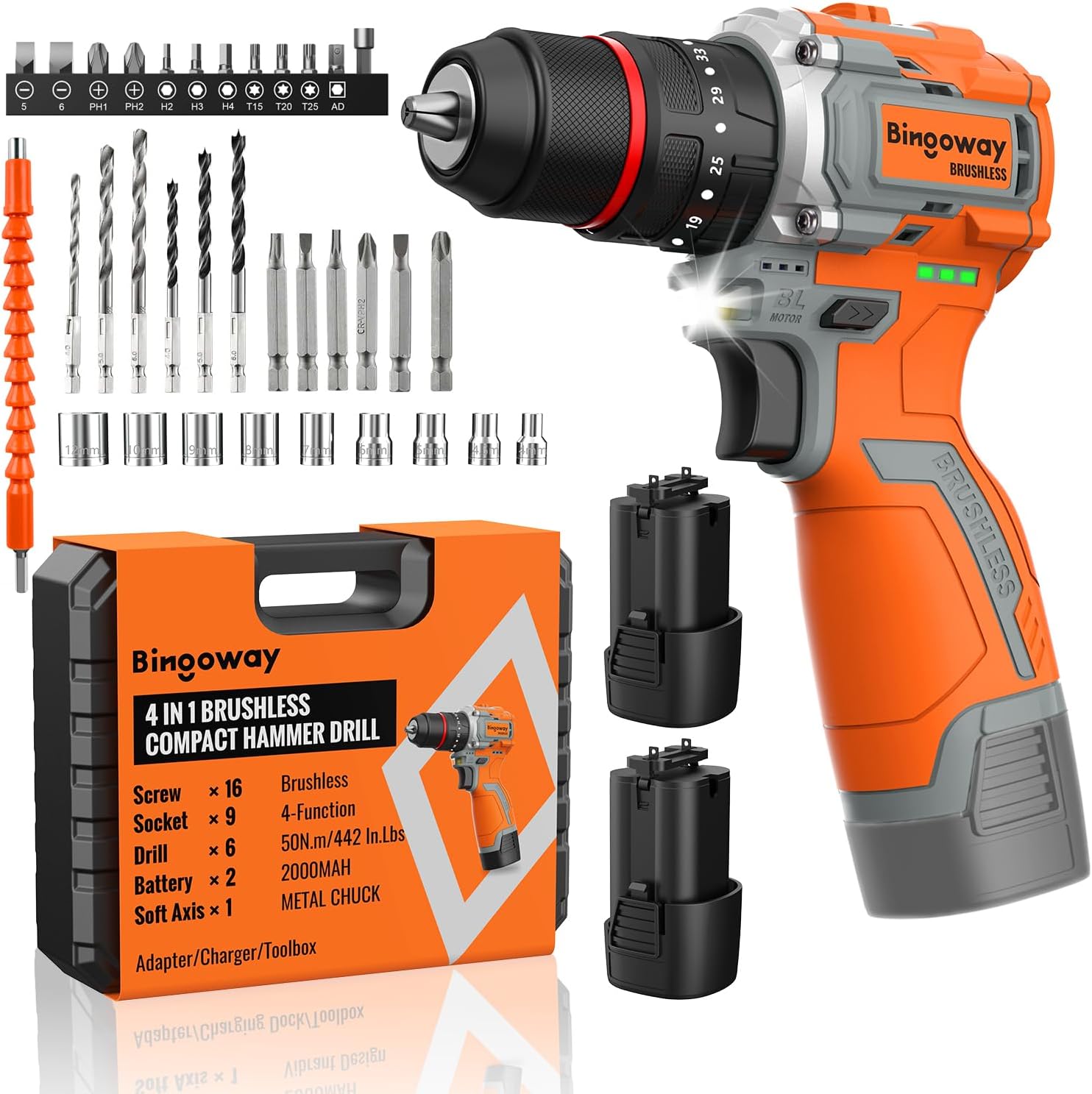 20V Brushless Cordless Drill Driver with 2 Batteries, 50N.m High Torque Impact Driver, 2 Speed, 3/8" Keyless Chuck & LED Light and 36 pcs Bits Drill Driver Kit for Home DIY