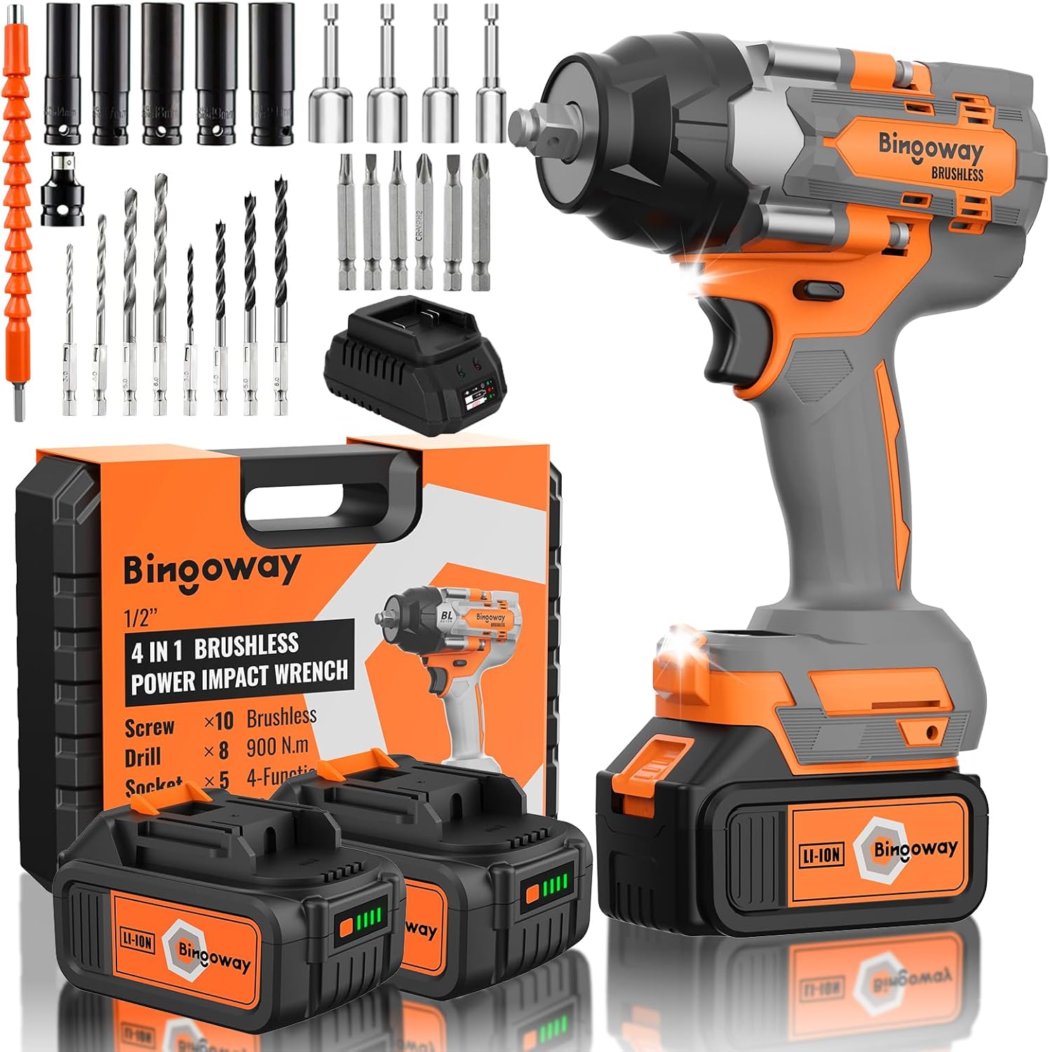 Cordless Impact Wrench 1/2”, 900Ft-Ibs (1200N.m) Electric Brushless Impact Gun, 21V High Torque Impact Driver Variable Speeds with LED Work Light, 2x 4.0Ah Battery, 25 Tool Accessories for Any Tas