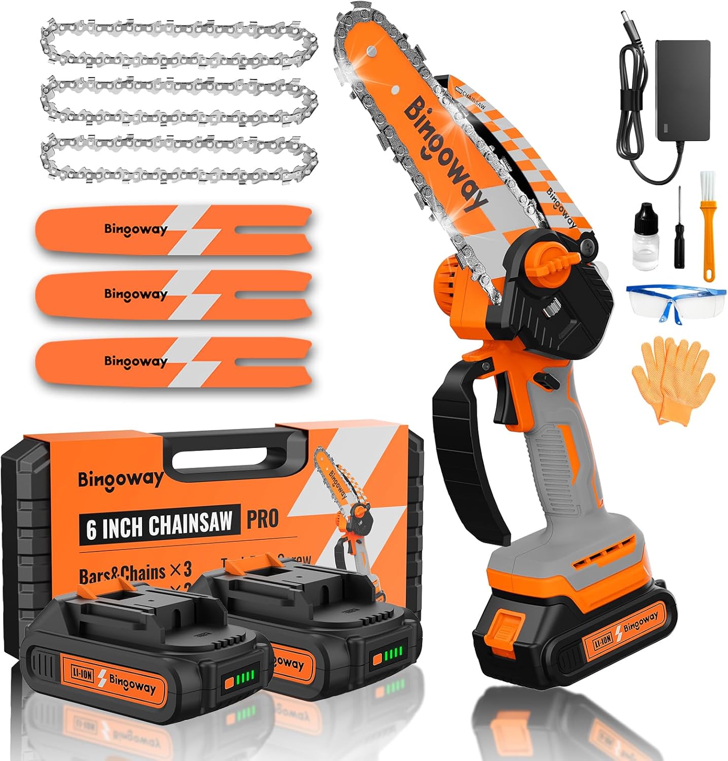 6 Inch Mini Chainsaw Set, 21V Cordless Portable Electric Chain Saw With 2 Packs 2000mah Batteries, 3 Chains, 3 Bars, 1 Charger And Toolbox, for Trimming and Cutting in Courtyard, Garden